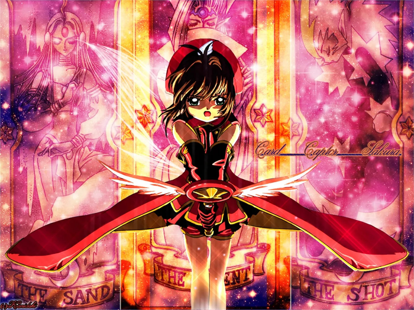 Sakura dans sa tenue de capture, entourée des Cartes de Clow