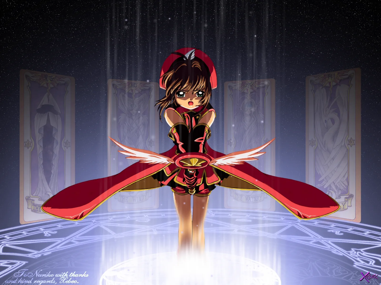 Sakura invoque les Cartes de Clow dans sa tenue de combat