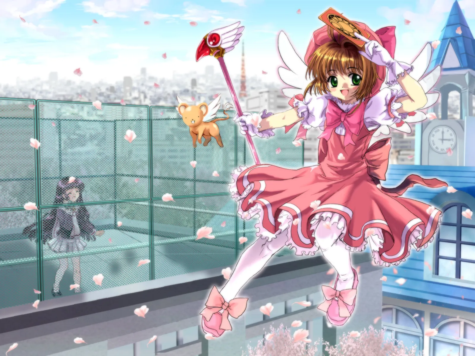 Sakura, Kerberos et Tomoyo au-dessus de la ville