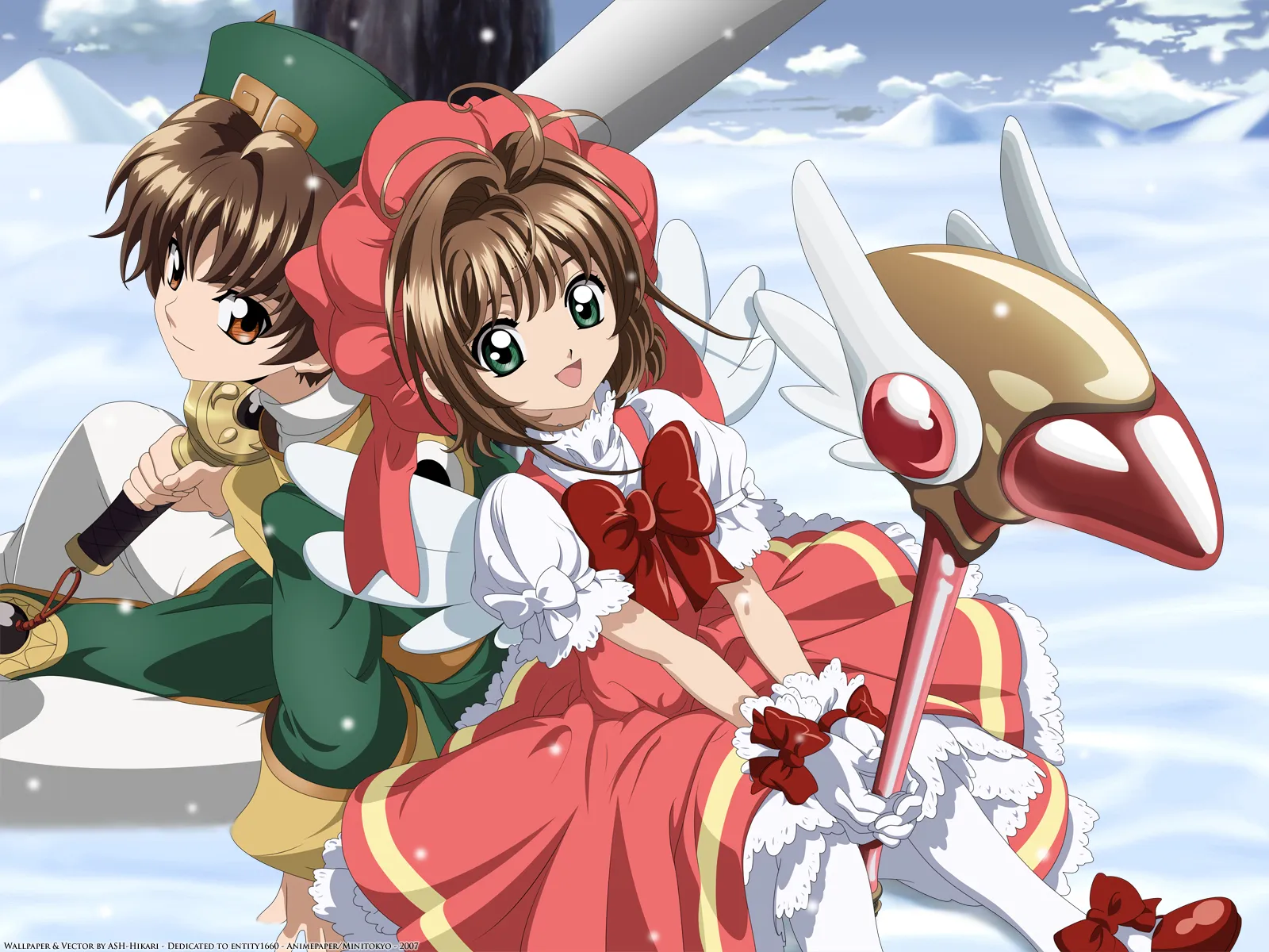 Sakura et Shaoran sur le dos de Kerberos sous sa forme véritable