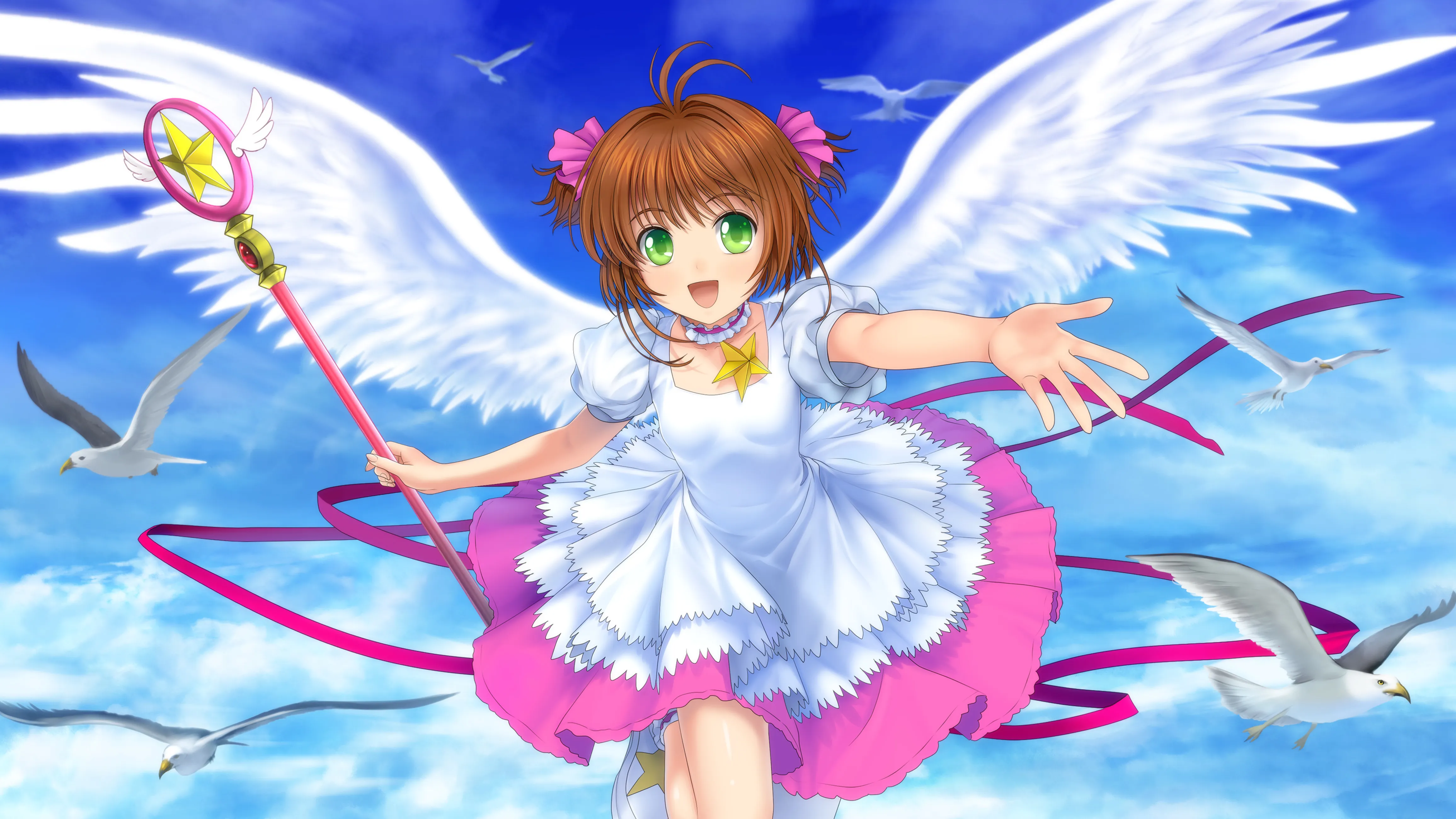 Sakura dans sa tenue des Cartes Sakura, entourée de mouettes