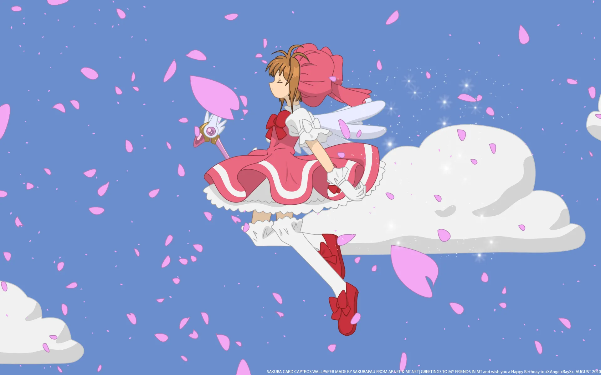 Sakura Kinomoto en plein vol parmi les pétales de cerisier